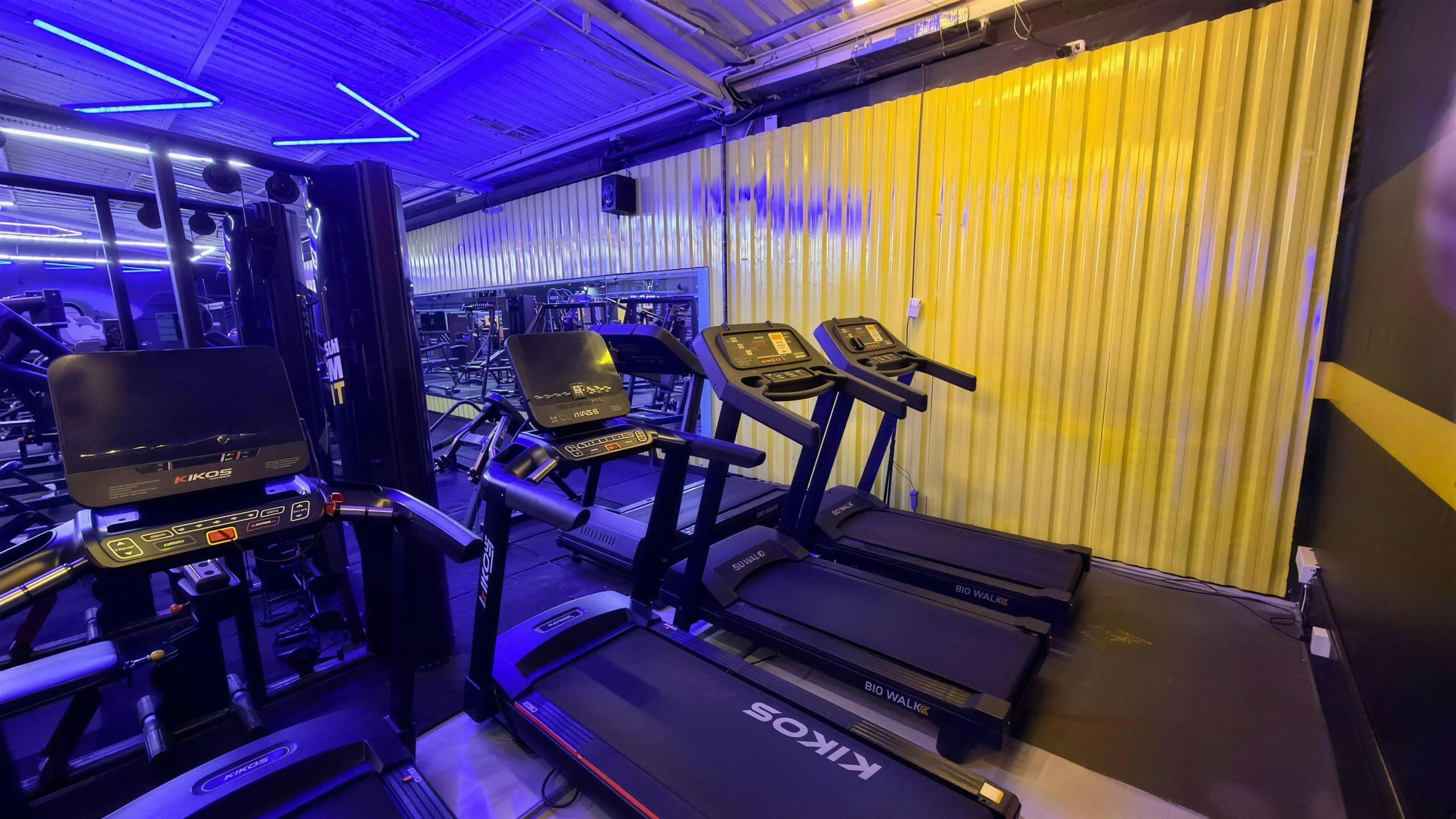 Área de cardio da JMfit com esteiras em frente à parede amarela